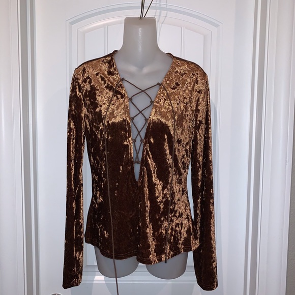 Brown Velvet Lace-Up Front Top - Picture 4 of 11